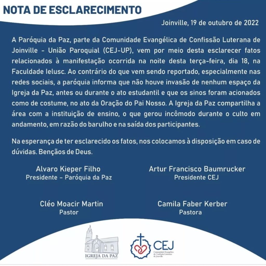 É falso que Igreja da Paz foi invadida por militantes de esquerda, em Santa Catarina É falso que Igreja da Paz foi invadida por militantes de esquerda, em Santa Catarina