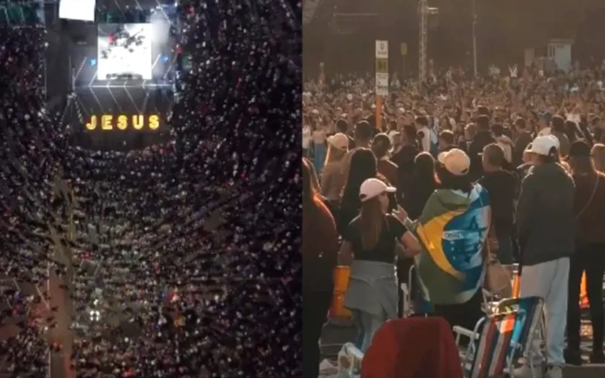 A crowd participates in an evangelistic meeting in Caxias do Sul.